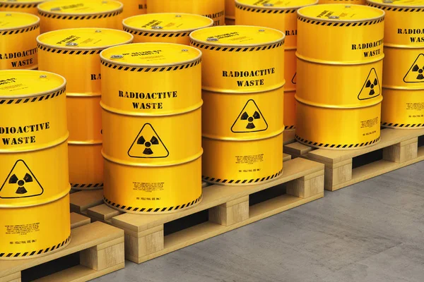 创意抽象核动力燃料制造 处置和利用产业理念 在木质运输中使用有毒危险放射性物质的黄色金属桶 桶或容器组的插图说明 — 图库照片