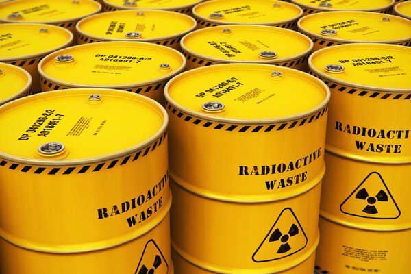 Creative abstract nuclear power fuel manufacturing, disposal and utilization industry concept: 3D render illustration of the group of stacked yellow metal barrels, drums or containers with poison dangerous hazardous radioactive materials in the indus
