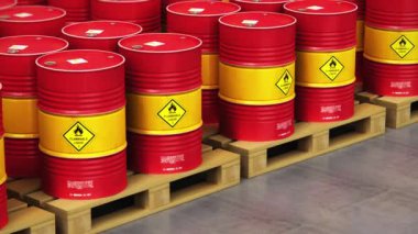 Üretim ve iş kavramı ticaret yaratıcı soyut petrol ve gaz endüstrisi: 3d render illüstrasyon kırmızı metal petrol varilleri yığılmış bir satır içeren Endüstriyel depo veya petrol varil seçici odak etkisi ile Grup