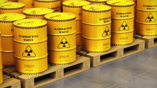 創造的な抽象的な原子力燃料の製造 使用率業界の概念 積み上げ黄色金属バレル ドラムや毒の危険な危険な放射性物質は産業倉庫にコンテナーの グループ — ストック動画