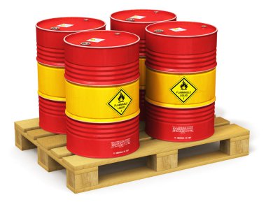 Üretim ve iş kavramı ticaret yaratıcı soyut petrol ve gaz endüstrisi: 3d render illüstrasyon kırmızı metal petrol varilleri veya petrol varil beyaz arka plan üzerinde izole endüstriyel ahşap nakliye palet üzerindeki Grup