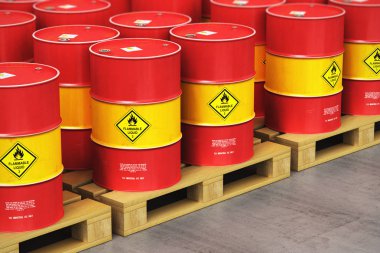 Üretim ve iş kavramı ticaret yaratıcı soyut petrol ve gaz endüstrisi: 3d render illüstrasyon kırmızı metal petrol varilleri veya endüstriyel depo seçici odak eff ile ahşap nakliye palet üzerinde petrol varil Grubu'nun
