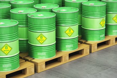 Yaratıcı soyut ekoloji, alternatif sürdürülebilir enerji ve çevre koruma tasarruf iş kavramı: 3d render illüstrasyon grup yeşil yığılmış metal biyoyakıt davul veya endüstriyel depo seçileceği yer ile biyodizel varil