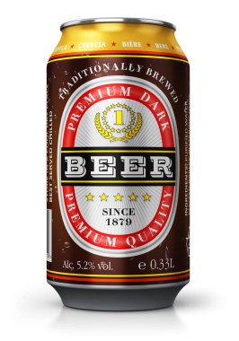 Beyaz arka planda yansıma etkisi ile izole koyu bira ile renk metal teneke kutu çizimi yaratıcı soyut 3d render