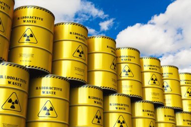 Yaratıcı soyut nükleer enerji yakıt üretim, elden çıkarma ve kullanımı sanayi kavramı: Grup yığılmış sarı metal varil, davul veya kapları indus içinde zehir tehlikeli tehlikeli radyoaktif madde ile 3d render illüstrasyon