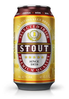 Beyaz arka planda yansıma etkisi ile izole koyu İrlandalı şişman bira ile renk metal teneke kutu çizimi yaratıcı soyut 3d render