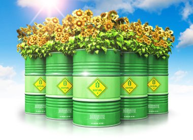 Creative abstract ecology, alternative sustainable energy and environment protection saving business concept: 3D render illustration of the group of green metal biofuel drums or biodiesel barrels with yellow sunflowers flowers against blue sky with c clipart