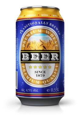 Beyaz arka planda yansıma etkisi ile izole hafif buğday bira ile renk metal teneke kutu çizimi yaratıcı soyut 3d render