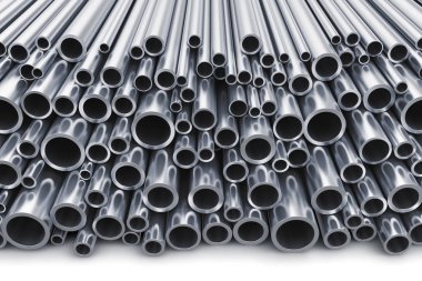 Creative abstract heavy metallurgical industry and industrial manufacturing business production concept: 3D render illustration of the heap of shiny metal steel pipes isolated on white background clipart