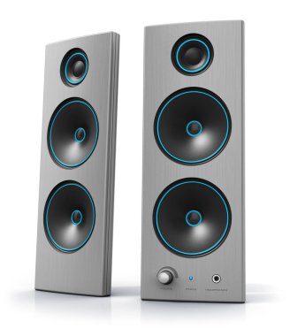 Yaratıcı soyut 3d masaüstü bilgisayar Pc ses stereo hoparlörler beyaz arka plan üzerinde izole çizimi işlemek