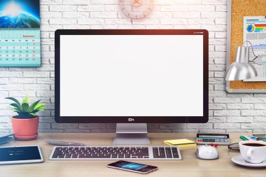 Yaratıcı soyut 3d render modern ofis iş veya ev çalışma alanı tasarım iç boş beyaz monitör ekran ile masaüstü bilgisayar Pc ile düz görünüm diğer nesnelerle ahşap masa üzerinde gösterimi: smartphone cep telefonu, sekme