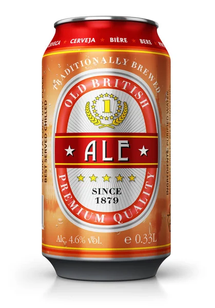 Beyaz arka planda yansıma etkisi ile izole kırmızı İngiliz bira bira ile renk metal teneke kutu çizimi yaratıcı soyut 3d render