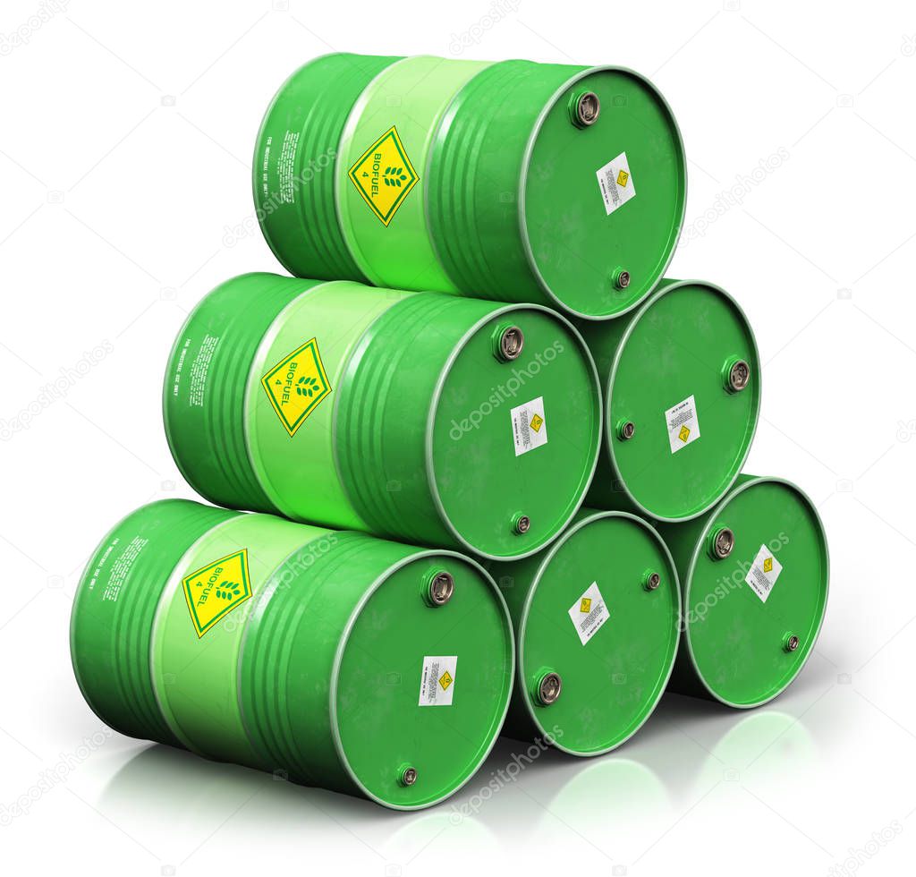 Creative abstract ecology, alternative sustainable energy and environment protection saving business concept: 3D render illustration of the group of green stacked metal biofuel drums or biodiesel barrels isolated on white background with reflection e