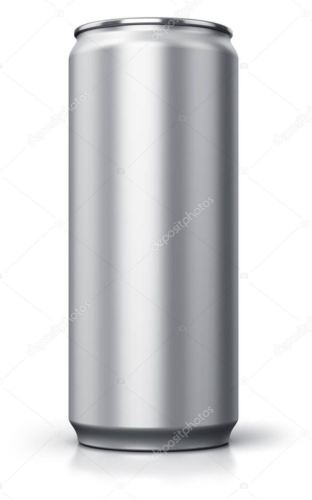 Creative abstract 3D render illustration of the blank metal aluminum tin empty drink can template isolated on white background with reflection effect