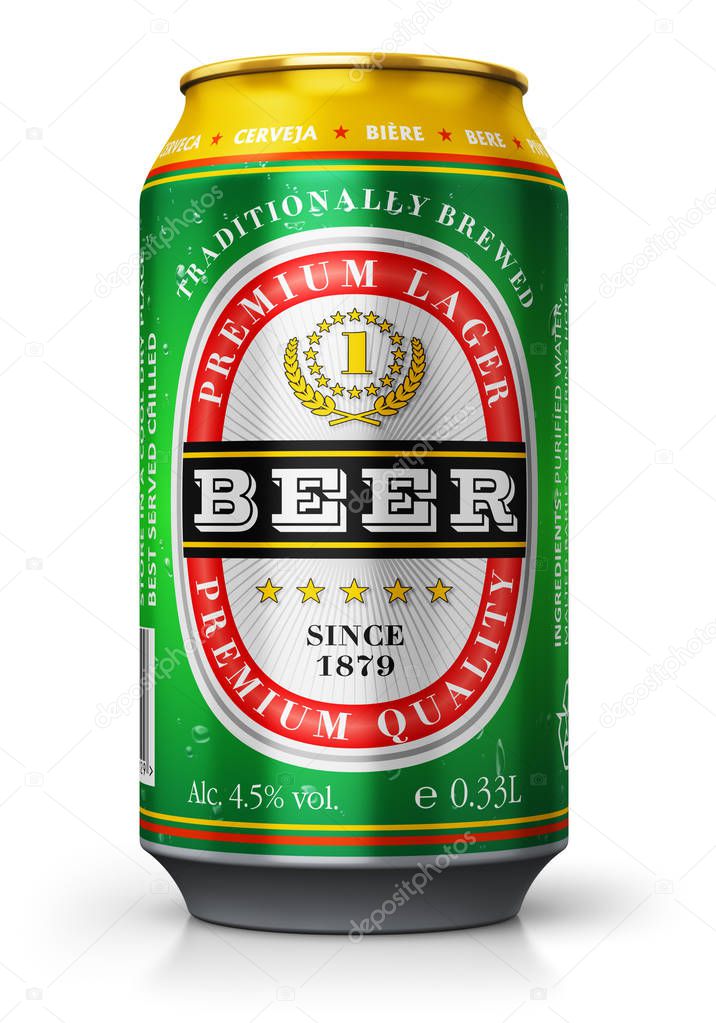 Creative abstract 3D render illustration of color metal tin can with light lager beer isolated on white background with reflection effect