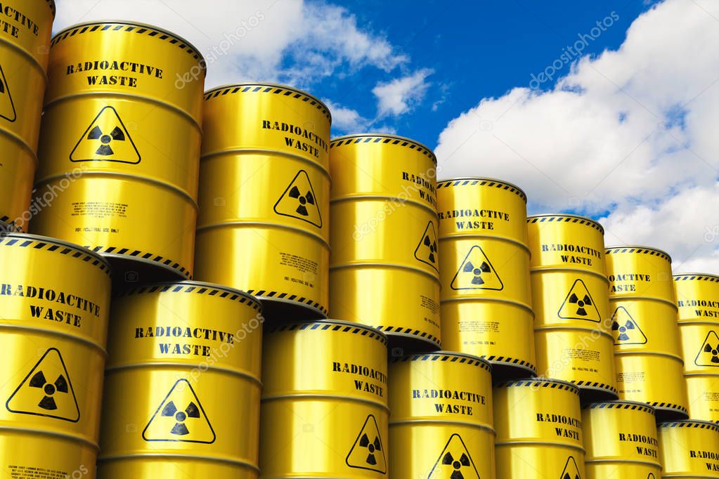 Creative abstract nuclear power fuel manufacturing, disposal and utilization industry concept: 3D render illustration of the group of stacked yellow metal barrels, drums or containers with poison dangerous hazardous radioactive materials in the indus