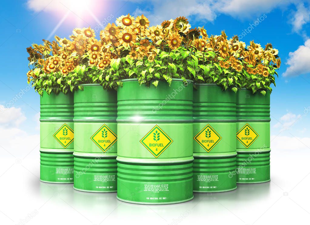 Creative abstract ecology, alternative sustainable energy and environment protection saving business concept: 3D render illustration of the group of green metal biofuel drums or biodiesel barrels with yellow sunflowers flowers against blue sky with c