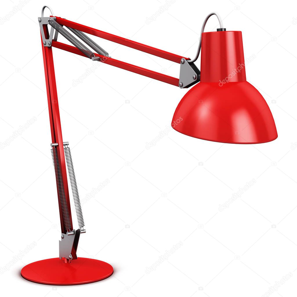 Creative abstract 3D render illustration of red shiny metal steel home desk or office table desktop electric lamp light isolated on white background