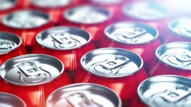 Yaratıcı soyut 3d illüstrasyon kırmızı metal parlak içecek teneke kutular makro bakış serinletici içecekler seçici odak bokeh etkisi cola ile render