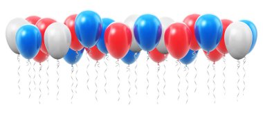 Yaratıcı soyut tatil kutlama kavramı: 3d render resmi renk kırmızı, mavi ve beyaz parlak şeffaf lastik şişme hava balonu veya beyaz arka plan üzerinde izole topları