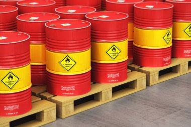 Üretim ve iş kavramı ticaret yaratıcı soyut petrol ve gaz endüstrisi: 3d render illüstrasyon kırmızı metal petrol varilleri veya endüstriyel depo seçici odak eff ile ahşap nakliye palet üzerinde petrol varil Grubu'nun