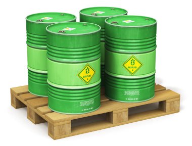 Yaratıcı soyut ekoloji, alternatif sürdürülebilir enerji ve çevre koruma tasarruf iş kavramı: Grup yeşil metal biyoyakıt davul veya biyodizel varil w izole ahşap sanayi sevkiyat palet üzerindeki 3d render illüstrasyon