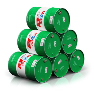 Yaratıcı soyut Otomotiv Sanayi ve otomatik tamir servis ve bakım kavramı: 3d render illüstrasyon yeşil yığılmış metal grubunun davul kutu veya varil kapsayıcılar WHI üzerinde izole araba motor motor sıvı sentetik yağ yağı ile