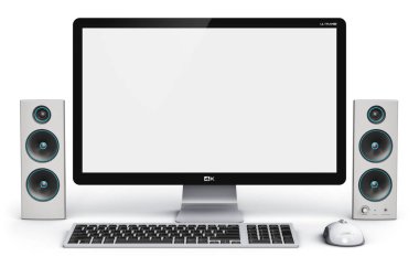 Yaratıcı soyut office iş teknoloji iletişim internet kavramı: boş ekran veya boş monitör, klavye, fare ve multimedya kablosuz ses ses ile modern profesyonel masaüstü bilgisayar Pc iş istasyonu 3d render çizimi