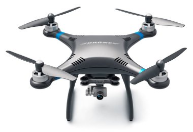 Yaratıcı soyut 3d çizim profesyonel uzaktan kumandalı kablosuz siyah Rc quadcopter dronun 4 k ile video işlemek ve beyaz arka planda yansıma etkisi ile izole hava fotoğrafçılığı için fotoğraf makinesi fotoğraf