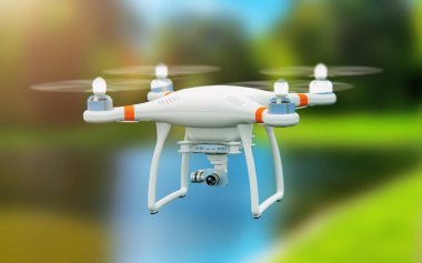 Resimde profesyonel uzaktan kumandalı kablosuz Rc quadcopter dronun 4 k video ve fotoğraf makinesi açık havada seçici odak etkisi ile havadaki uçan hava fotoğrafçılığı için yaratıcı soyut 3d render