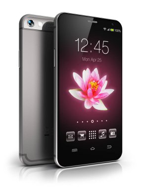 Yaratıcı soyut cep telefonu kablosuz iletişim teknolojisi ve hareketlilik iş ofis kavramı: modern metal siyah parlak dokunmatik ekran smartphone renkli uygulama arabirimi ile renk simgeleri ve düğme ile izole 3d render çizimi