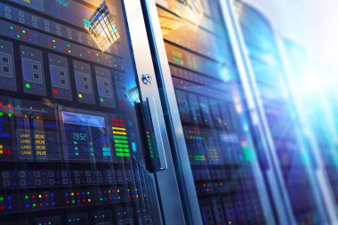 Modern web ağ ve Internet telekomünikasyon teknolojisi, büyük veri depolama ve bulut bilgisayar servisi iş kavramı: sunucu odası iç seçici odak etkisi ile veri merkezlerinde makro görünümü 3d render çizimi
