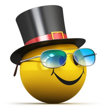Yaratıcı soyut iyi ruh hali, eğlenceli duygu ve olumlu duygu ifade kavramı: mutlu sarı gülen emoji ifade top yüz siyah şapka ve beyaz arka plan üzerinde izole mavi moda gözlük gülümseme 3d render çizimi