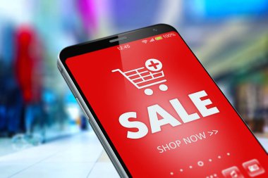 Pazarlama ve online alışveriş indirim kavramı yaratıcı iş: renk Satılık kelime reklam banner alışveriş sepeti kutsal kişilerin resmi üstünde belgili tanımlık perde modern siyah parlak dokunmatik akıllı telefon veya cep telefonu fashi ile 3d render çizimi