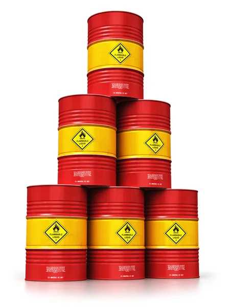 Creative abstract oil and gas industry manufacturing and trading business concept: 3D render illustration of the group of red stacked metal oil drums or petroleum barrels isolated on white background with reflection effect