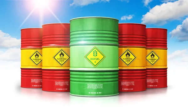 Yaratıcı soyut ekoloji, alternatif sürdürülebilir enerji ve çevre koruma tasarruf iş kavramı: 3d render illüstrasyon kırmızı metal petrol, petrol veya doğal gaz davul mavi gökyüzü karşı grup önünde yeşil biyoyakıt veya biyodizel varil 