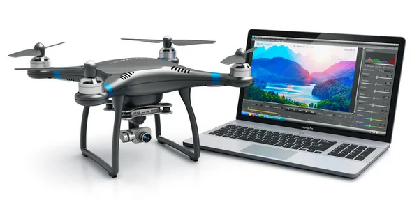 Kreatív Absztrakt Render Illusztrációja Fekete Szakmai Quadcopter Drone Laptop Notebook — Stock Fotó