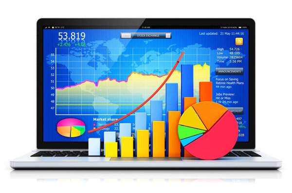 Creative abstract stock market trading, banking and financial business accounting concept: 3D render illustration of the modern metal laptop laptop computer PC with stock market application software app on the screen, display or monitor wi
