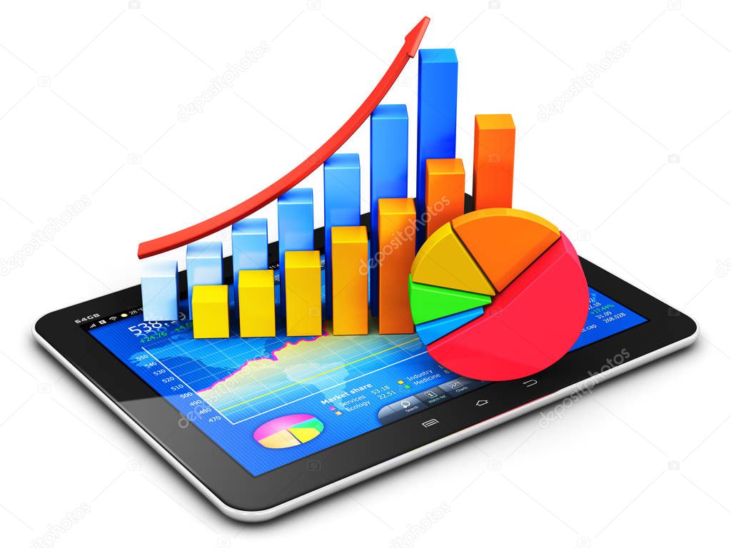 Creative abstract mobile office, stock exchange market trading, statistics accounting, financial development and banking business concept: 3D render illustration of the modern touchscreen tablet computer PC with stock market application software inte