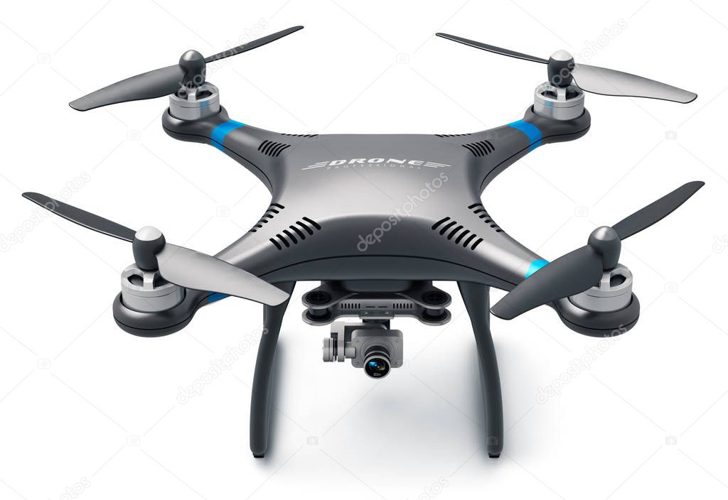 Creative abstract 3D render illustration of professional remote controlled wireless black RC quadcopter drone with 4K video and photo camera for aerial photography isolated on white background with reflection effect