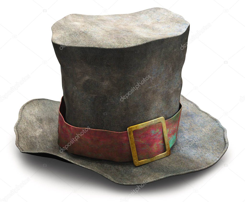Creative abstract 3D render illustration of the old vintage crumpled beggar cylinder hat isolated on white background