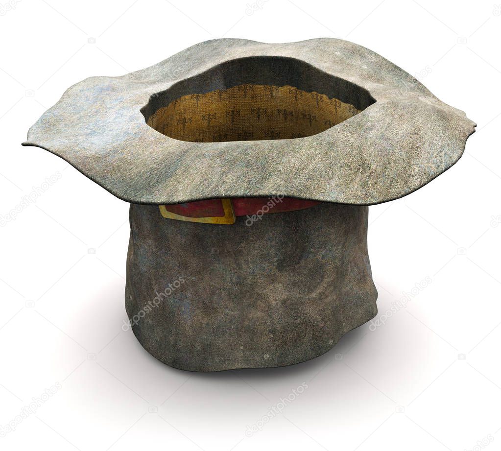Creative abstract 3D render illustration of the old vintage crumpled beggar cylinder hat upset down isolated on white background