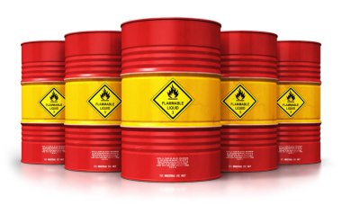 Üretim ve iş kavramı ticaret yaratıcı soyut petrol ve gaz endüstrisi: 3d render illüstrasyon grup kırmızı metal petrol varilleri veya petrol varil üzerinde izole beyaz arka plan yansıma etkisi ile