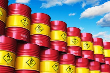 Üretim ve iş kavramı ticaret yaratıcı soyut petrol ve gaz endüstrisi: Endüstriyel depo kırmızı metal petrol varilleri veya petrol varil mavi gökyüzü bulutlu karşı yığılmış satır grubunu ile 3d render çizimi