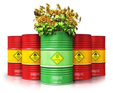 Yaratıcı soyut ekoloji, alternatif sürdürülebilir enerji ve çevre koruma tasarruf iş kavramı: 3d render illüstrasyon kırmızı metal petrol, petrol grup önünde sarı ayçiçeği çiçekli yeşil biyoyakıt veya biyodizel varil