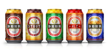 Resimde kümesi veya farklı renk metal teneke kutular hafif lager, İrlandalı stout, İngiliz ale, beyaz arka planda yansıma etkisi ile izole karanlık ve buğday bira ile ürün yelpazesine yaratıcı soyut 3d render