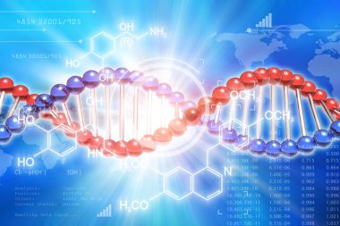 Yaratıcı soyut Dna genetik araştırma bilimsel tıbbi teknoloji analiz kavramı: Dna molekül yapısı ve araştırma verileri Siber 3d render çizimi