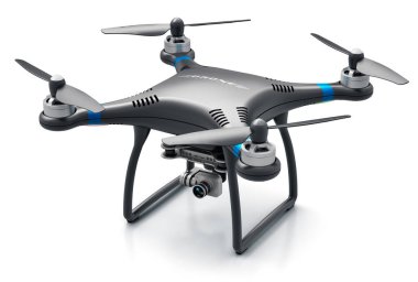 Yaratıcı soyut 3d çizim profesyonel uzaktan kumandalı kablosuz siyah Rc quadcopter dronun 4 k ile video işlemek ve beyaz arka planda yansıma etkisi ile izole hava fotoğrafçılığı için fotoğraf makinesi fotoğraf