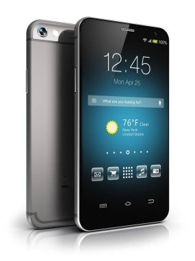 Yaratıcı soyut cep telefonu kablosuz iletişim teknolojisi ve hareketlilik iş ofis kavramı: modern metal siyah parlak dokunmatik ekran smartphone renkli uygulama arabirimi ile renk simgeleri ve düğme ile izole 3d render çizimi