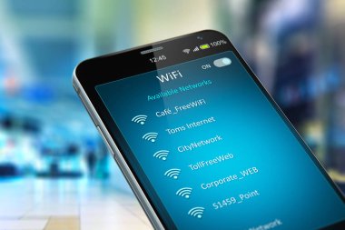 Mobil cihazlar iş iletişim teknoloji kavramı yaratıcı soyut kablosuz ağ: renk modern siyah parlak dokunmatik ekran smartphone 3d render çizimi ile alışveriş merkezi ekranda Wifi ağ bağlantıları iletisi listesi